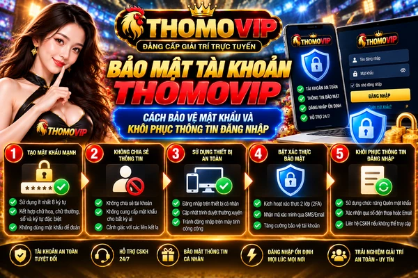 Bảo mật tài khoản Thomovip với hướng dẫn tạo mật khẩu mạnh, bảo vệ thông tin cá nhân, xác thực hai lớp và khôi phục thông tin đăng nhập.