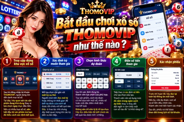Bắt đầu chơi xổ số THOMOVIP với các bước chọn kỳ, hình thức dự đoán, số tiền và xác nhận phiếu