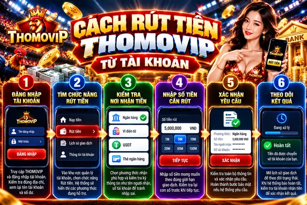 Cách rút tiền THOMOVIP từ tài khoản với các bước kiểm tra nơi nhận, nhập số tiền, xác nhận và theo dõi giao dịch