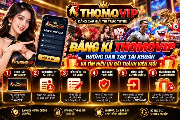 Hướng dẫn đăng kí THOMOVIP với 6 bước tạo tài khoản, điền thông tin, xác nhận đăng kí và tìm hiểu ưu đãi thành viên mới.