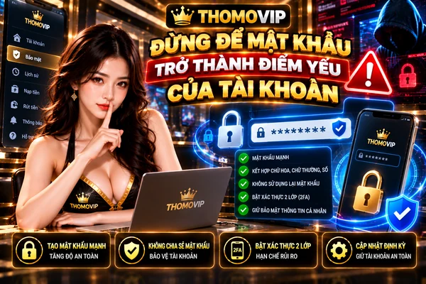 Đừng để mật khẩu trở thành điểm yếu của tài khoản THOMOVIP, nên sử dụng mật khẩu mạnh, bảo mật thông tin và xác thực hai lớp