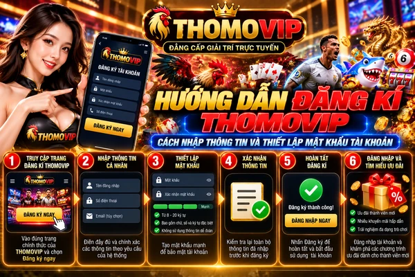 Hướng Dẫn Đăng Kí THOMOVIP – Cách Nhập Thông Tin Và Thiết Lập Mật Khẩu Tài Khoản Hướng dẫn đăng kí THOMOVIP với các bước nhập thông tin cá nhân, tạo mật khẩu mạnh, xác nhận thông tin và hoàn tất đăng kí tài khoản.