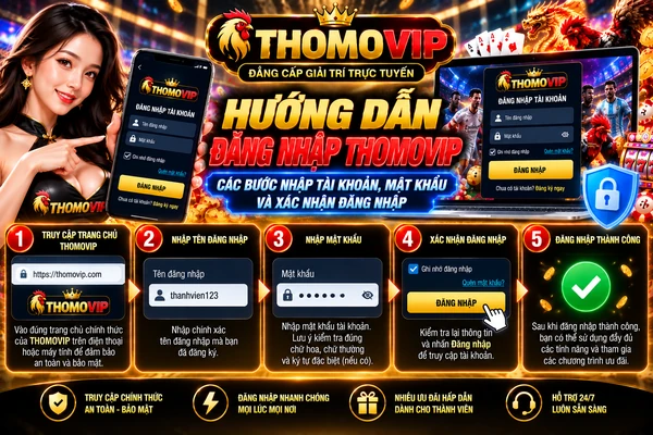 Hướng dẫn đăng nhập Thomovip với 5 bước truy cập trang chủ, nhập tên tài khoản, mật khẩu, xác nhận đăng nhập và truy cập tài khoản thành công.