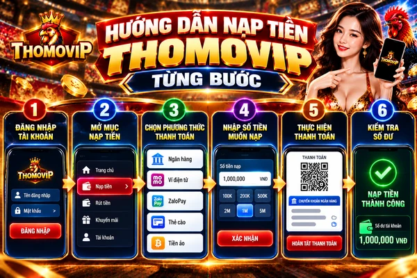 Hướng dẫn nạp tiền THOMOVIP từng bước từ đăng nhập, chọn phương thức thanh toán đến kiểm tra số dư Hướng dẫn nạp tiền THOMOVIP từng bước từ đăng nhập, chọn phương thức thanh toán đến kiểm tra số dư