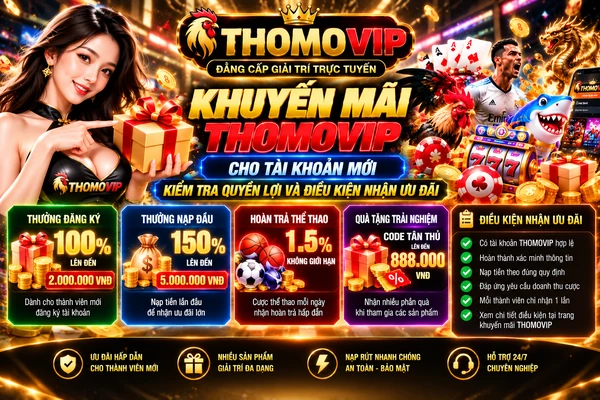 Khuyến Mãi THOMOVIP Cho Tài Khoản Mới – Kiểm Tra Quyền Lợi Và Điều Kiện Nhận Ưu Đãi Khuyến mãi THOMOVIP cho tài khoản mới với các chương trình thưởng đăng kí, ưu đãi nạp đầu, hoàn trả thể thao và điều kiện nhận thưởng.