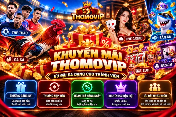 Khuyến mãi THOMOVIP với ưu đãi đa dạng cho thành viên ở thể thao, đá gà, bắn cá, slot, baccarat và live casino