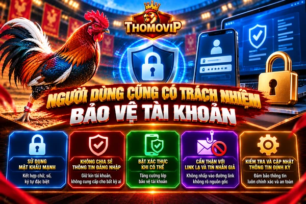 Người dùng có trách nhiệm bảo vệ tài khoản THOMOVIP bằng mật khẩu mạnh và bảo mật thông tin đăng nhập Người dùng có trách nhiệm bảo vệ tài khoản THOMOVIP bằng mật khẩu mạnh và bảo mật thông tin đăng nhập