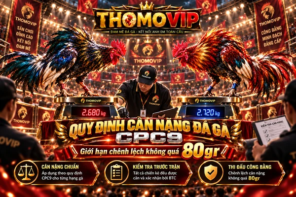 Quy định cân nặng đá gà CPC9 với hai chiến kê trên cân điện tử, minh họa giới hạn chênh lệch không quá 80gr và thương hiệu THOMOVIP.